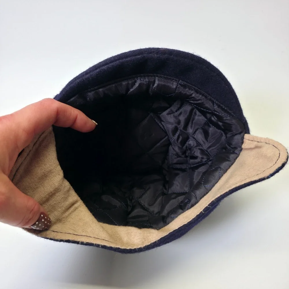 Vintage Boys Winter Hat Blue Wool Quilted Lining Ear Flap Cap Classic Warm Retro